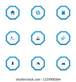 Trip icons colored set with sword, rocket, petrol and other campfire elements. Isolated vector illustration trip icons.