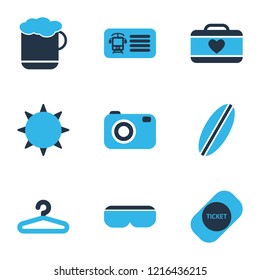 Trip icons colored set with vr spectacles, surfboard, ticket and other capture elements. Isolated vector illustration trip icons.