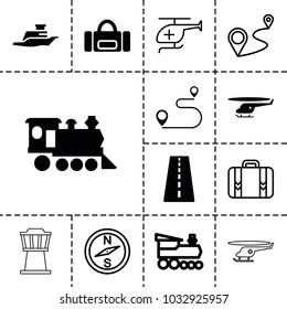 Trip icons. set of 13 editable filled and outline trip icons such as runway, sport bag, locomotive, ship, compass, distance, luggage, medical helicopter