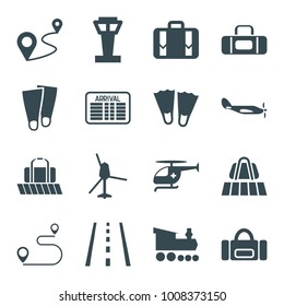 Trip icons. set of 16 editable filled trip icons such as airport tower, luggage belt, flippers, sport bag, distance, luggage, medical helicopter, helicopter, runway