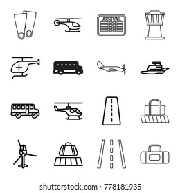 Trip icons. set of 16 editable outline trip icons such as runway, luggage belt, bus, medical helicopter, ship, helicopter, airport tower, arrival table, flippers