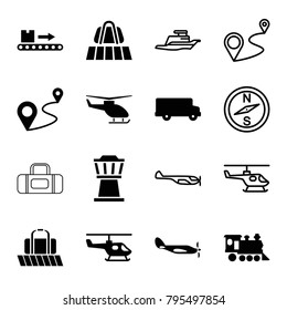 Trip icons. set of 16 editable filled and outline trip icons such as luggage belt, bus, distance, locomotive, luggage scan, helicopter, compass, ship, airport tower