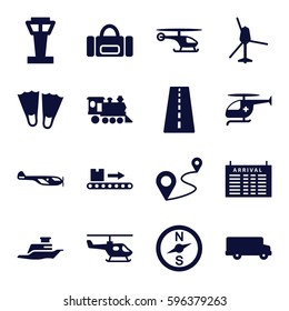 trip icons set. Set of 16 trip filled icons such as airport tower, runway, helicopter, arrival table, distance, locomotive, luggage scan, medical helicopter, ship, flippers