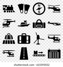 Trip icons set. set of 16 trip filled icons such as runway, luggage belt, helicopter, arrival table, locomotive, luggage scan, luggage, medical helicopter, ship, flippers