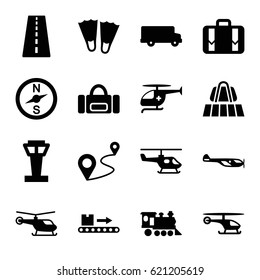Trip icons set. set of 16 trip filled icons such as airport tower, runway, luggage belt, helicopter, distance, locomotive, luggage scan, luggage, medical helicopter, flippers