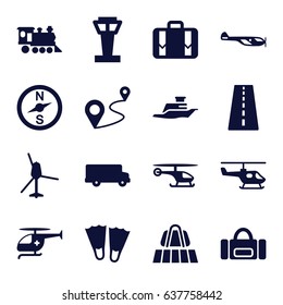 Trip icons set. set of 16 trip filled icons such as airport tower, runway, luggage belt, helicopter, distance, locomotive, luggage, medical helicopter, ship, flippers, compass