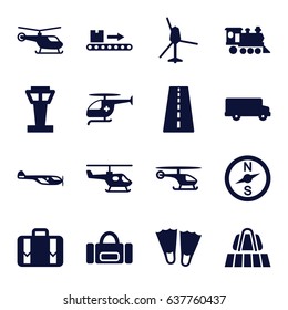 Trip icons set. set of 16 trip filled icons such as airport tower, runway, luggage belt, helicopter, locomotive, luggage scan, luggage, medical helicopter, flippers, compass