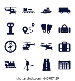 Trip icons set. set of 16 trip filled icons such as airport tower, runway, helicopter, arrival table, distance, locomotive, luggage scan, luggage, medical helicopter, ship