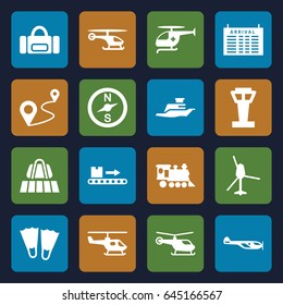 Trip icons set. set of 16 trip filled icons such as airport tower, luggage belt, helicopter, arrival table, distance, locomotive, luggage scan, medical helicopter, ship