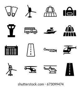Trip icons set. set of 16 trip filled and outline icons such as airport tower, runway, luggage belt, arrival table, medical helicopter, ship, helicopter, bus, sport bag