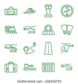 Trip icons set. set of 16 trip outline icons such as airport tower, runway, luggage belt, helicopter, arrival table, distance, locomotive, luggage scan, luggage