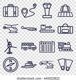 Trip icons set. set of 16 trip outline icons such as airport tower, luggage belt, helicopter, arrival table, distance, locomotive, luggage scan, luggage, ship, bus, sport bag