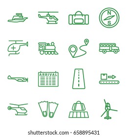 Trip icons set. set of 16 trip outline icons such as runway, luggage belt, helicopter, arrival table, distance, locomotive, luggage scan, medical helicopter, ship, bus