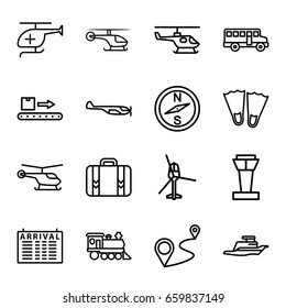 Trip icons set. set of 16 trip outline icons such as airport tower, helicopter, arrival table, distance, locomotive, luggage scan, luggage, medical helicopter, ship, bus