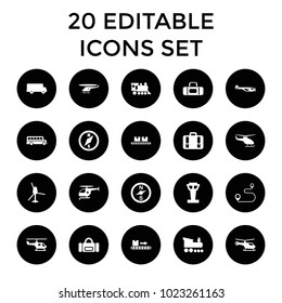 Trip icons. set of 20 editable filled trip icons such as airport tower, helicopter, bus, compass, sport bag, locomotive. best quality trip elements in trendy style.