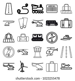 Trip icons. set of 25 editable outline trip icons such as runway, luggage belt, helicopter, compass, luggage scan, luggage, medical helicopter, ship, airport tower