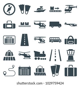 Trip icons. set of 25 editable filled trip icons such as runway, luggage belt, helicopter, arrival table, bus, flippers, sport bag, luggage scan, medical helicopter, ship