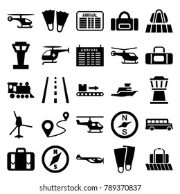 Trip icons. set of 25 editable filled trip icons such as airport tower, luggage belt, helicopter, arrival table, flippers, compass, sport bag, distance, locomotive