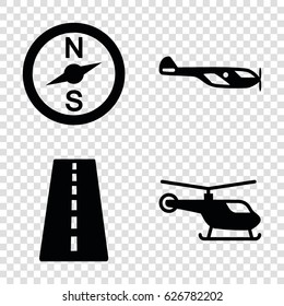 Trip icons set. set of 4 trip filled icons such as runway, helicopter