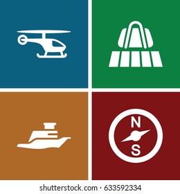 Trip icons set. set of 4 trip filled icons such as luggage belt, ship, helicopter