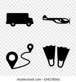 Trip icons set. set of 4 trip filled icons such as helicopter, distance, flippers