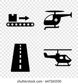 Trip icons set. set of 4 trip filled icons such as runway, luggage scan, medical helicopter