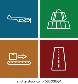 trip icons set. Set of 4 trip outline icons such as runway, luggage belt, helicopter