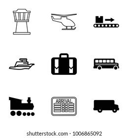 Trip icons. set of 9 editable filled and outline trip icons such as bus, luggage scan, luggage, ship, airport tower, helicopter, arrival table