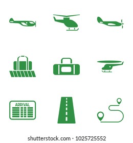 Trip icons. set of 9 editable filled trip icons such as runway, helicopter, luggage belt, arrival table, sport bag, distance