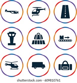 Trip icons set. set of 9 trip filled icons such as airport tower, runway, luggage belt, helicopter, luggage scan, medical helicopter, bus