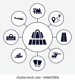 Trip icons set. set of 9 trip filled icons such as runway, luggage belt, helicopter, distance, locomotive, medical helicopter, ship, flippers