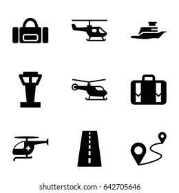 Trip icons set. set of 9 trip filled icons such as airport tower, runway, helicopter, distance, luggage, medical helicopter, ship