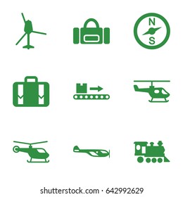 Trip icons set. set of 9 trip filled icons such as helicopter, locomotive, luggage scan, luggage, compass