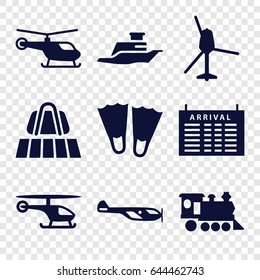 Trip icons set. set of 9 trip filled icons such as luggage belt, helicopter, arrival table, locomotive, ship