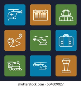 trip icons set. Set of 9 trip outline icons such as airport tower, luggage belt, helicopter, arrival table, distance, locomotive, luggage