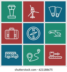 Trip icons set. set of 9 trip outline icons such as airport tower, distance, luggage scan, luggage, helicopter, bus, flippers