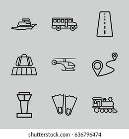 Trip icons set. set of 9 trip outline icons such as airport tower, runway, luggage belt, distance, locomotive, ship, helicopter, bus