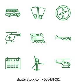 Trip icons set. set of 9 trip outline icons such as helicopter, arrival table, locomotive, medical helicopter, bus, flippers