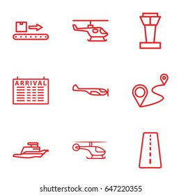 Trip icons set. set of 9 trip outline icons such as airport tower, runway, helicopter, arrival table, distance, luggage scan