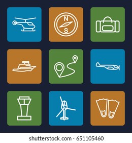 Trip icons set. set of 9 trip outline icons such as airport tower, helicopter, distance, ship, sport bag, flippers