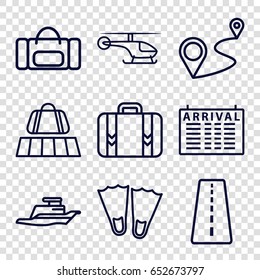 Trip icons set. set of 9 trip outline icons such as runway, luggage belt, arrival table, distance, luggage, ship, helicopter, sport bag