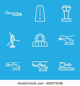 Trip icons set. set of 9 trip outline icons such as airport tower, runway, luggage belt, helicopter