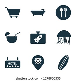 Trip icons set with bathroom, label, flask and other medusa elements. Isolated vector illustration trip icons.