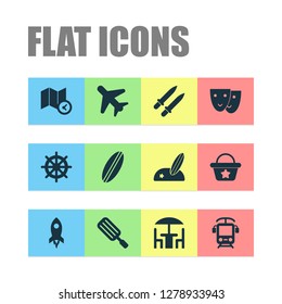 Trip icons set with beach bag, surfboard, electric train and other surfing elements. Isolated vector illustration trip icons.