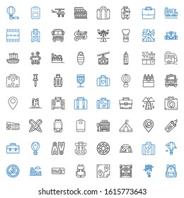 trip icons set. Collection of trip with backpack, helicopter, subway entrance, route, boarding pass, colosseum, tent, hot air balloon, luggage. Editable and scalable trip icons.