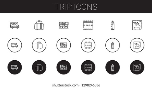 trip icons set. Collection of trip with bus, luggage, airport, runway, marker, route. Editable and scalable trip icons.