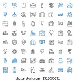 trip icons set. Collection of trip with bus, tent, trireme, boarding pass, suitcase, runway, subway entrance, airport, backpack, luggage, tram. Editable and scalable trip icons.