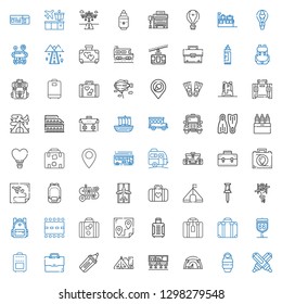 trip icons set. Collection of trip with marker, sleeping bag, tent, airport, briefcase, suitcase, route, luggage, runway, backpack, helicopter. Editable and scalable trip icons.