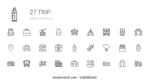 trip icons set. Collection of trip with plane ticket, airport, briefcase, colosseum, road, school bus, bus, hot air balloon, marker, suitcase. Editable and scalable trip icons.