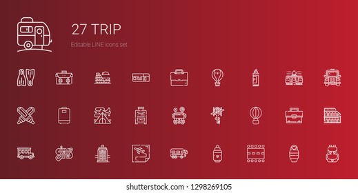 trip icons set. Collection of trip with runway, marker, bus, route, police box, road, hot air balloon, helicopter, school bus, suitcase, tent. Editable and scalable trip icons.
